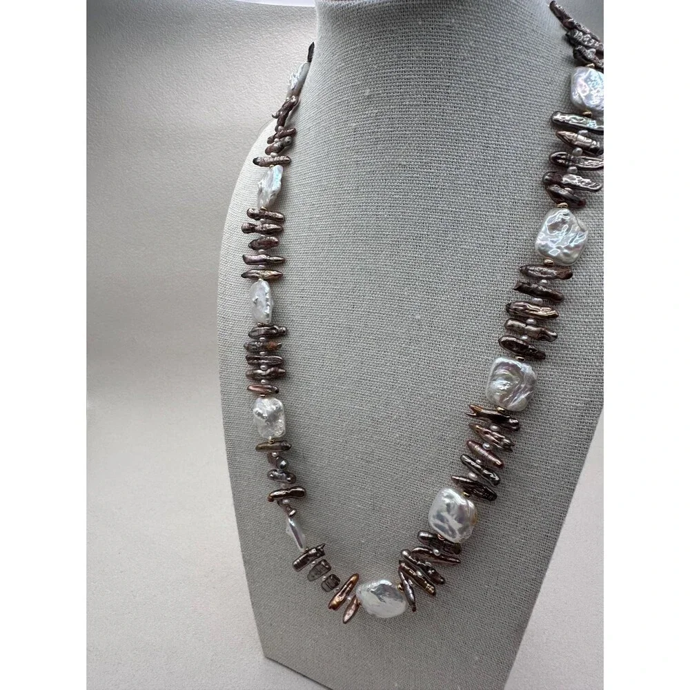 Handmade Freshwater Pearl Necklace: Biwa Stick and Square White Pearls